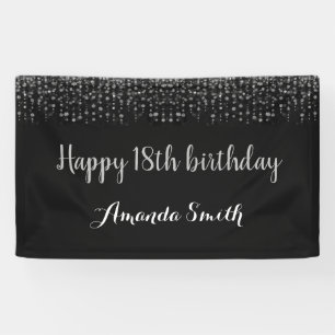 Happy 18th Birthday Banner. Black Silver Glitter Banner