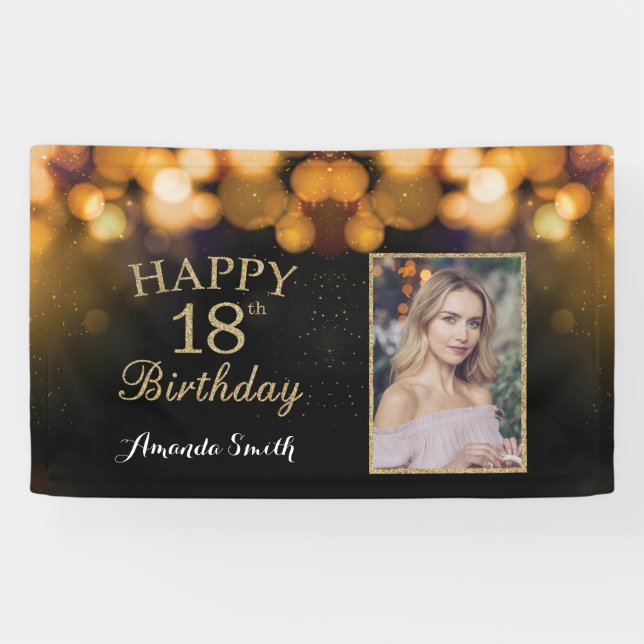 Happy 18th Birthday Banner. Gold Glitter Photo Banner (Horizontal)