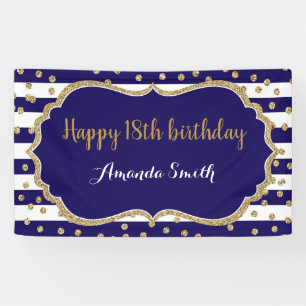 Happy 18th Birthday Banner.Navy Blue Gold Glitter Banner