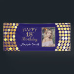 Happy 18th Birthday Banner. Navy Blue Gold Photo Banner<br><div class="desc">Happy 18th Birthday Banner for women or man. Navy Blue and Black and Gold Birthday Party Banner. Gold Glitter Confetti. Black and White Stripes. Printable Digital. For further customization,  please click the "Customize it" button and use our design tool to modify this template.</div>