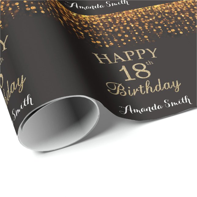 Happy 18th Birthday Black and Gold Glitter Wrapping Paper (Roll Corner)
