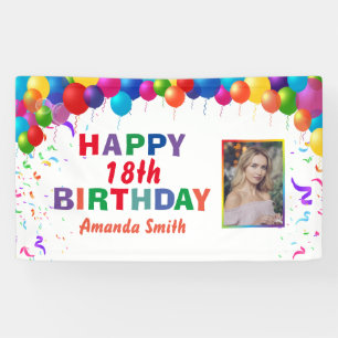 Happy 18th Birthday Colourful Balloons White Banner