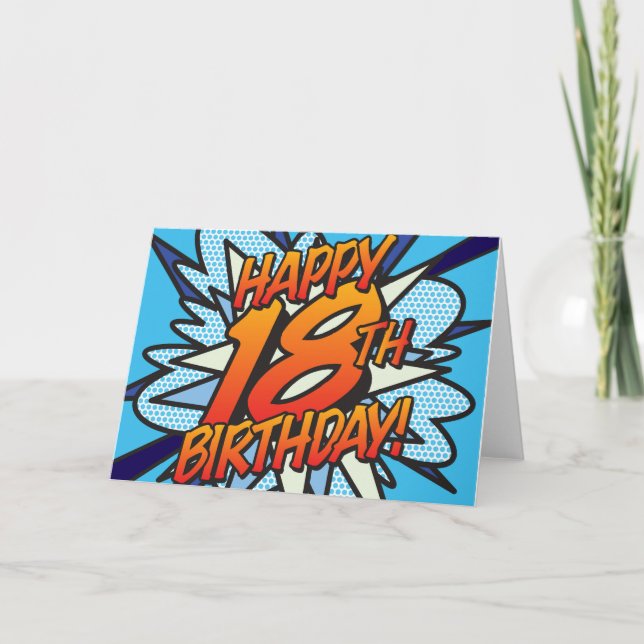 HAPPY 18TH BIRTHDAY Comic Book Pop Art blue Card (Front)