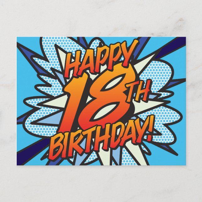 HAPPY 18TH BIRTHDAY Comic Book Pop Art blue Postcard (Front)