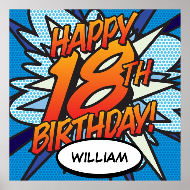 HAPPY 18TH BIRTHDAY Comic Book Pop Art blue Poster (Front)