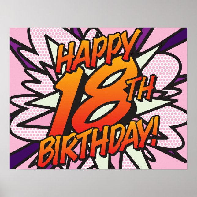HAPPY 18TH BIRTHDAY Comic Book Pop Art pink Poster (Front)