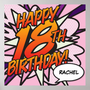 HAPPY 18TH BIRTHDAY Comic Book Pop Art Pink Poster