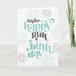 Happy 18th Birthday Customizable Greeting Card<br><div class="desc">This folded birthday greeting card features a decorative typographic design with the recipient's name and says "Happy 18th birthday". Decorated with mint and grey firework bursts and stars,  this festive eighteenth birthday card is perfect for a celebration.</div>