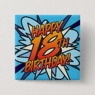 HAPPY 18TH BIRTHDAY Fun Retro Comic Book 2 Inch Square Button