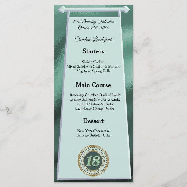 Happy 18th Birthday Green Glitter Foil Menu (Front)