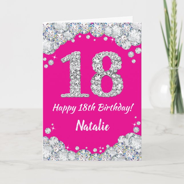 Happy 18th Birthday Hot Pink and Silver Glitter Card (Front)
