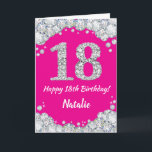 Happy 18th Birthday Hot Pink and Silver Glitter Card<br><div class="desc">Happy 18th Birthday Hot Pink and Silver Glitter Card with personalized name. For further customization,  please click the "Customize it" button and use our design tool to modify this template.</div>