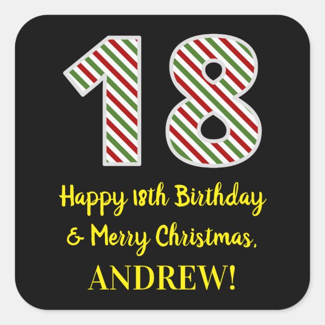 Happy 18th Birthday & Merry Christmas, Custom Name Square Sticker (Front)