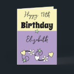 Happy 18th birthday name purple yellow card<br><div class="desc">Celebrate in style with this vibrant and customizable Happy 18th Birthday card (or any milestone you choose)! Add a personal touch by including the birthday star’s name, making it truly one-of-a-kind. Perfect for marking this exciting milestone, the design combines fun and festivity to bring a smile to their face. Whether...</div>