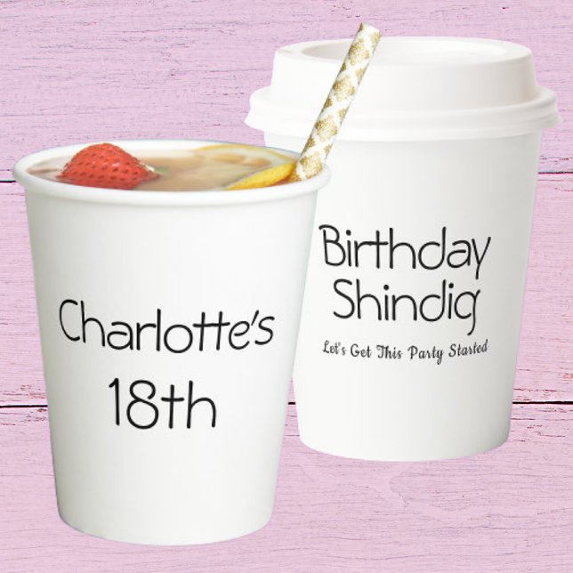 Happy 18th Birthday Party Name Black & White Girly Paper Cups (Front And Back)