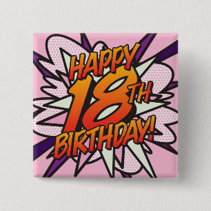 HAPPY 18TH BIRTHDAY Pink Fun Retro Comic Book 2 Inch Square Button
