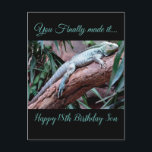 Happy 18th Birthday Son lizard  Postcard<br><div class="desc">Cute 18th Birthday greetings for boys, 
You finally made it
Happy 18th Birthday to you son
No more mud,  no more bugs,  no more lizards and creepy critters.
You've grown to be a smart adult,  now go out and see what the world is really all about.</div>