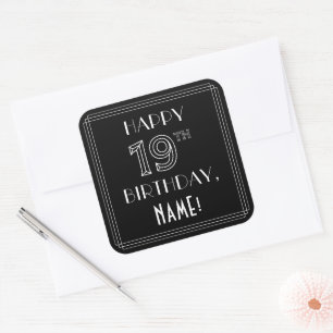 HAPPY 19TH BIRTHDAY; Art Deco Style; Custom Name Square Sticker