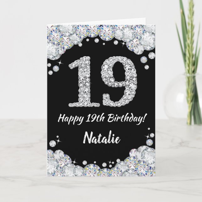 Happy 19th Birthday Black and Silver Glitter Card (Front)