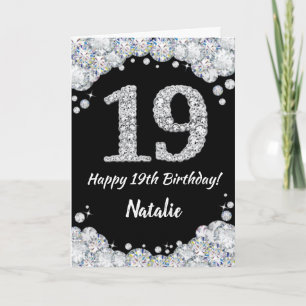 Happy 19th Birthday Black and Silver Glitter Card