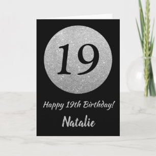 Happy 19th Birthday Black and Silver Glitter Card