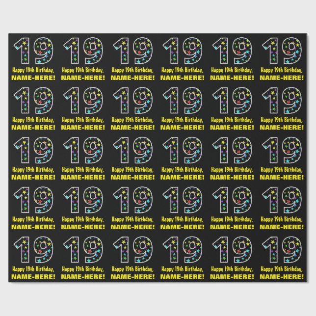 Happy 19th Birthday, Fun Colourful Stars Pattern 1 Wrapping Paper (Flat)