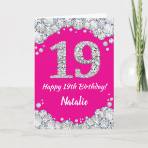 Happy 19th Birthday Hot Pink and Silver Glitter Card
