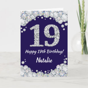 Happy 19th Birthday Navy Blue and Silver Glitter Card
