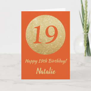Happy 19th Birthday Orange and Gold Glitter Card