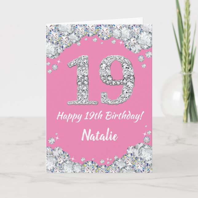Happy 19th Birthday Pink and Silver Glitter Card (Front)