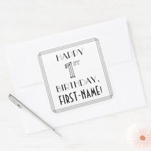 HAPPY 1ST BIRTHDAY, Art Deco Style, Custom Name Square Sticker