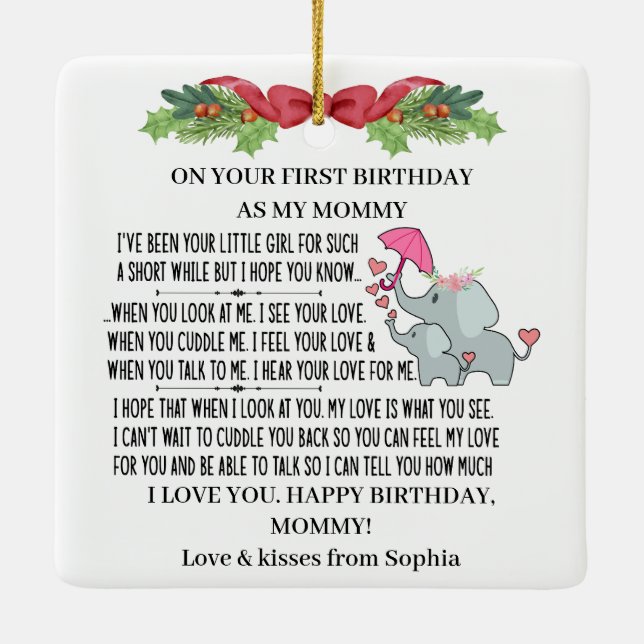 Happy 1st Birthday as my Mommy With Baby elephant Ceramic Ornament (Back)
