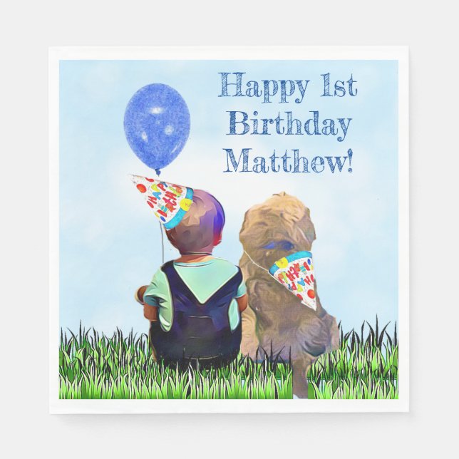 Happy 1st Birthday Baby Boy and Dog Napkin (Front)