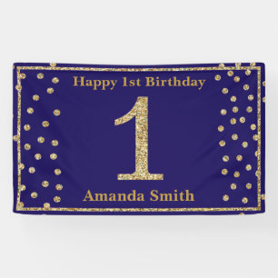 Happy 1st Birthday Banner Navy BlueGold Glitter