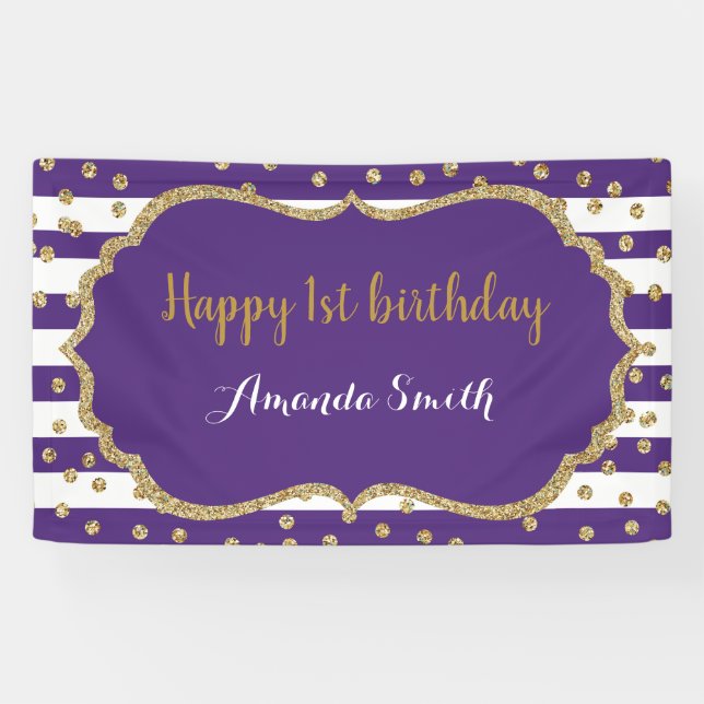 Happy 1st Birthday Banner Purple and Gold Glitter (Horizontal)