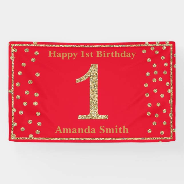 Happy 1st Birthday Banner Red and Gold Glitter (Horizontal)