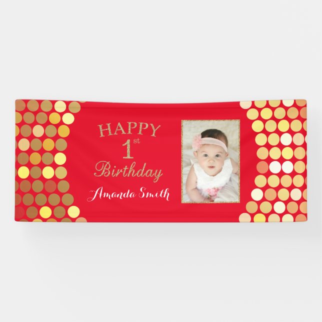 Happy 1st Birthday Banner Red and Gold Photo (Horizontal)