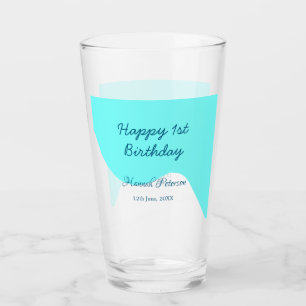 Happy 1st birthday blue wavy retro boho name date glass