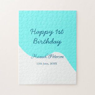 Happy 1st birthday blue wavy retro boho name date jigsaw puzzle