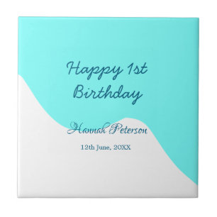 Happy 1st birthday blue wavy retro boho name date tile