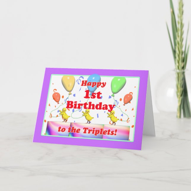 Happy 1st Birthday Chickens for Triplets Card (Front)