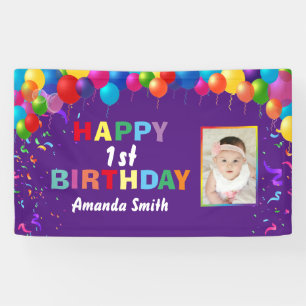 Happy 1st Birthday Colorful Balloons Purple Banner