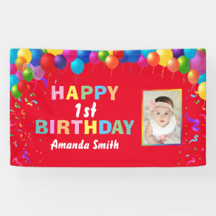 Happy 1st Birthday Colorful Balloons Red Banner