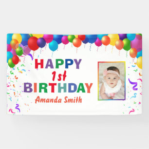 Happy 1st Birthday Colorful Balloons White Banner