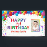 Happy 1st Birthday Colourful Balloons White Banner<br><div class="desc">Happy 1st Birthday Colourful Balloons Confetti White Photo Banner. For further customization,  please click the "Customize it" button and use our design tool to modify this template.</div>