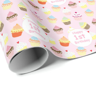 Happy 1st Birthday Cupcake Pink Wrapping Paper