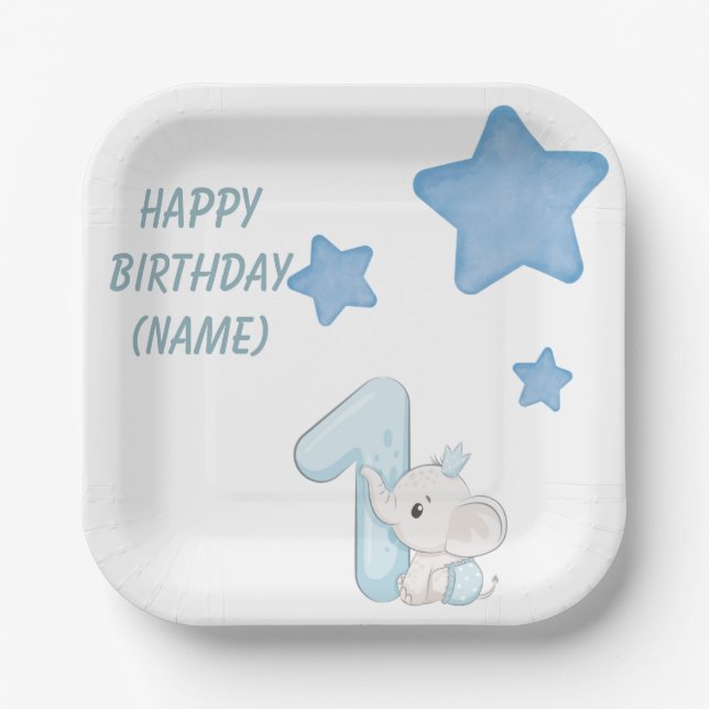 Happy 1st Birthday (Customizable text & Name) Paper Plate (Front)