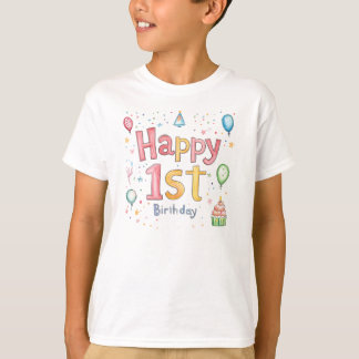 Happy 1st Birthday – Cute Birthday Card with pink  T-Shirt