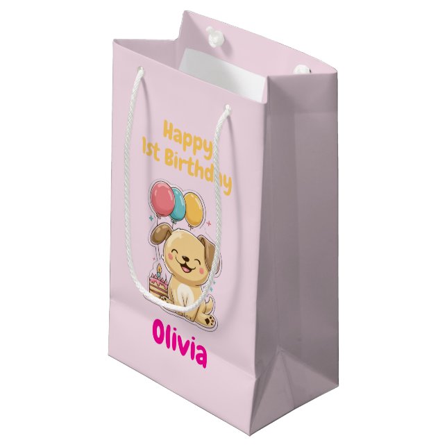 Happy 1st Birthday Gift Wrap, Custom Puppy  Small Gift Bag (Front Angled)