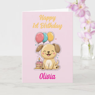 Happy 1st Birthday, Girl, Cute Puppy, Custom Card